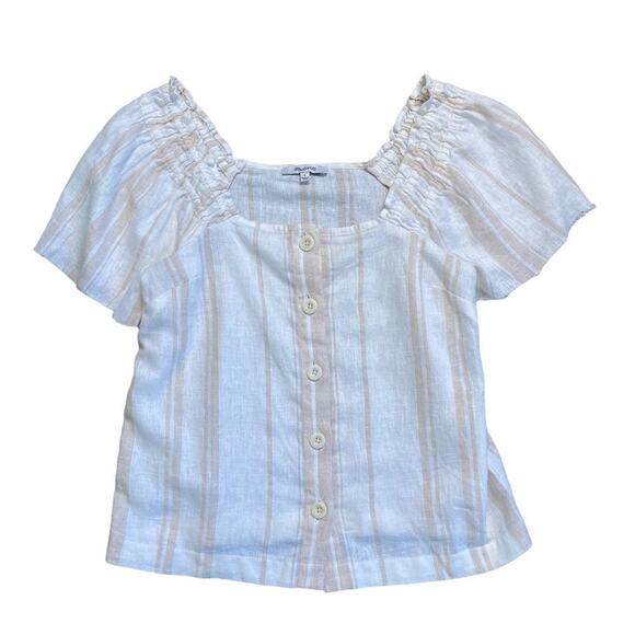 Madewell Square Neck Striped Linen Top with Raw Hem Sleeves Small Button Down - Picture 2 of 7